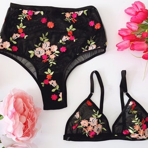 Black floral embroidered lingerie set, boudoir lingerie, black bralette, high waist panties, embroidery, brazilian panty, bridal lingerie