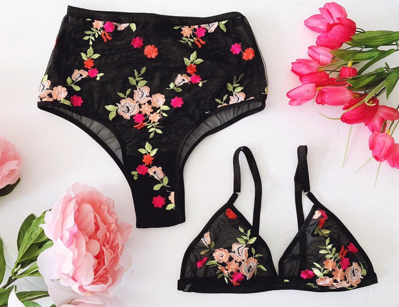 Black floral embroidered lingerie set, boudoir lingerie, black bralette, high waist panties, embroidery, brazilian panty, bridal lingerie image 1