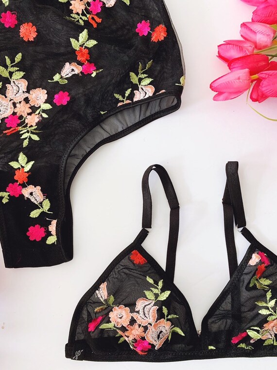 Black Floral Embroidered Lingerie Set, Boudoir Lingerie, Black