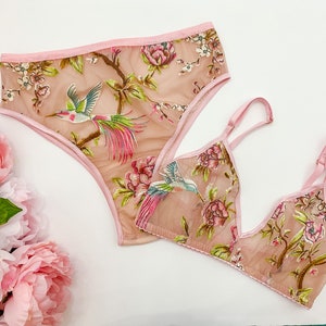 Pink Floral Embroidered Bow Strap Lingerie Set