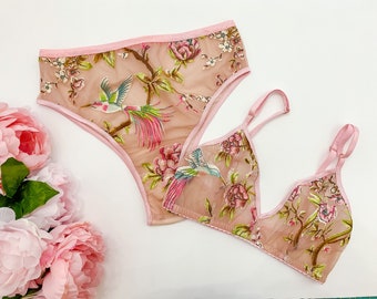 Blush hummingbird Embroidered lingerie set, boudoir lingerie, French cut panty, embroidery, bridal lingerie