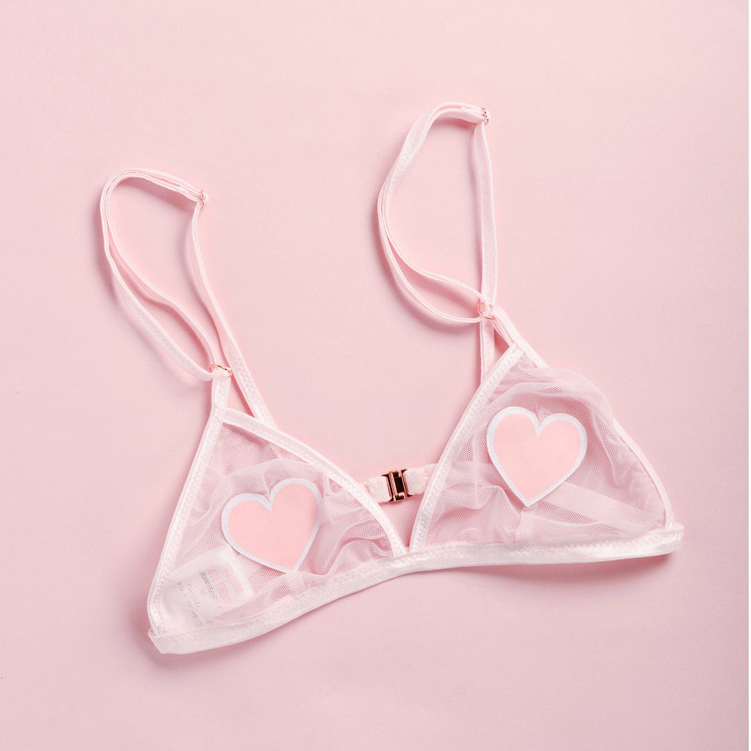 Pink Heart Bralette, Triangle Bra, Mesh Bralette, Valentines Gift