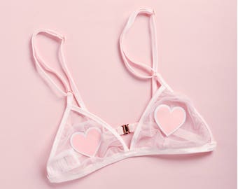 Pink heart bralette, triangle bra, mesh bralette, valentines gift, bridal lingerie, summer lingerie, rose gold