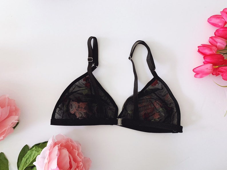 Black floral embroidered lingerie set, boudoir lingerie, black bralette, high waist panties, embroidery, brazilian panty, bridal lingerie image 7