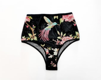 READY TO SHIP, Size small, Embroidered hummingbird floral high waist panties, floral print, brazilian panty, bridal lingerie