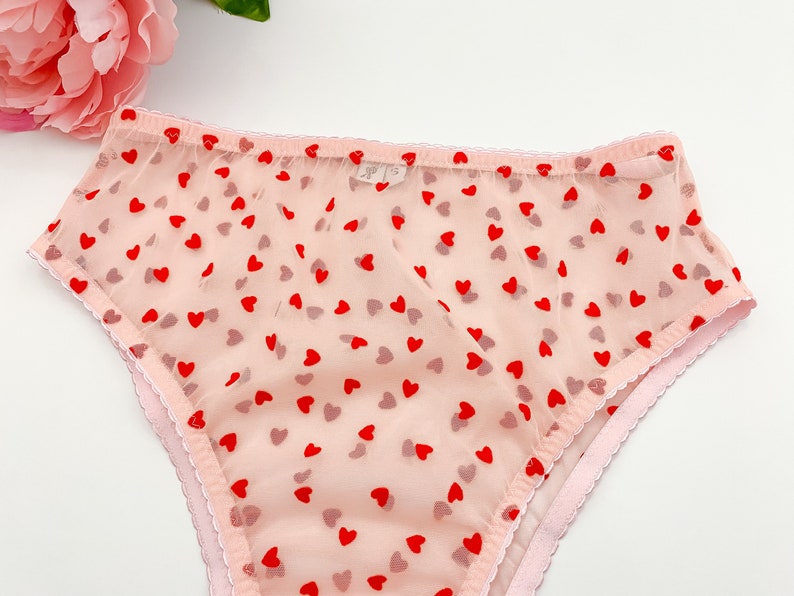 Red and pink flocked heart lingerie set, French cut panties and triangle bralette, boudoir lingerie image 5