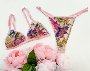 Floral phoenix embroidered lingerie set, boudoir lingerie, thong, embroidery