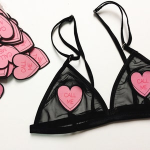 Sweetheart bra, heart bralette, triangle bra, black mesh bralette, valentines day lingerie, bralette, conversation heart image 2