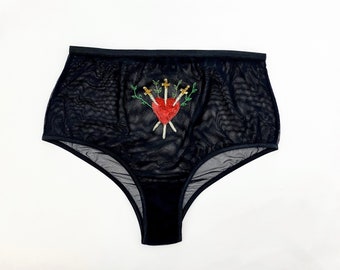 Three of swords hand beaded panties, high rise Brazilian panties, boudoir lingerie