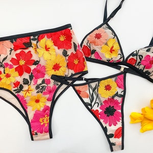 Embroidered bright floral lingerie set, triangle bra, high waist panties, floral print, brazilian panty, bridal lingerie, flowers