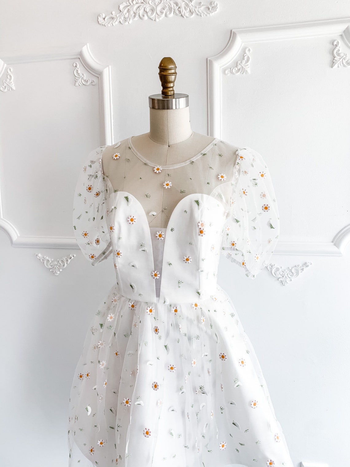 Embroidered puff sleeve floral dress daisy white mini dress Etsy