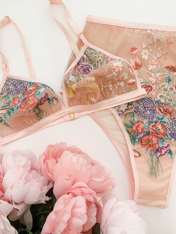 Blush Pink Embroidered Floral Lingerie Set, Boudoir Lingerie, High