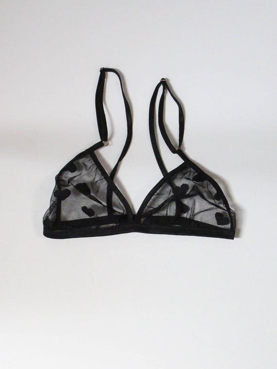 Mesh Heart Print Bralette, Triangle Bra, Black Lingerie, Sheer, Heart  Print, Romantic Gift 