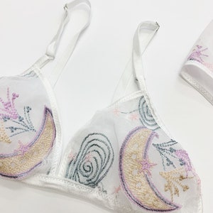 Embroidered moon and starburst lingerie set, brazilian panty, pastel lingerie, celestial bralette, boudoir lingerie set, bridal lingerie image 3