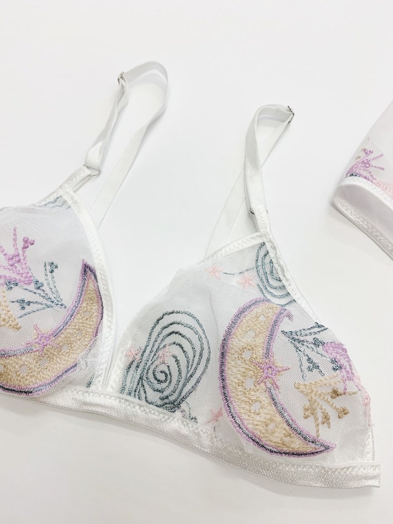 Embroidered moon and starburst lingerie set, brazilian panty, pastel lingerie, celestial bralette, boudoir lingerie set, bridal lingerie image 3