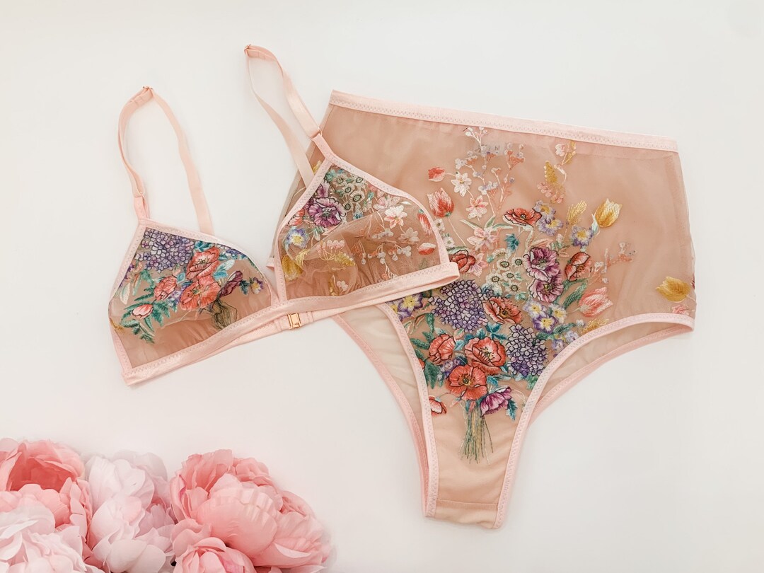 Blush Pink Embroidered Floral Lingerie Set, Boudoir Lingerie, High