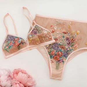 Blush Pink Embroidered Floral Lingerie Set, Boudoir Lingerie, High