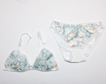 Pastel floral embroidered lingerie set, triangle bra, bikini cut panties, floral print, low rise panty, bridal lingerie, flowers