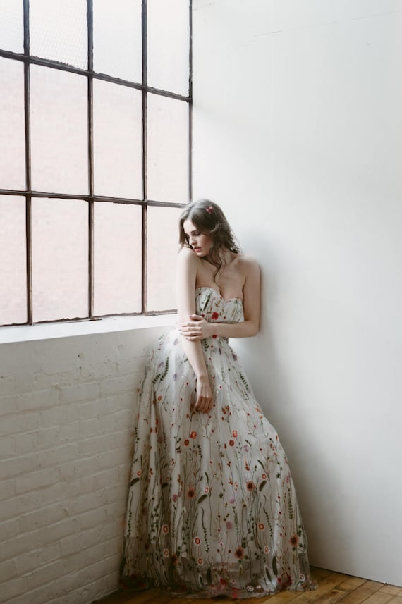 Embroidered Gown Floral Wedding Dress Embroidered Prom - Etsy