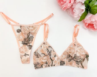 Peach pink Embroidered floral lingerie set, boudoir lingerie, thong, embroidery, bridal lingerie