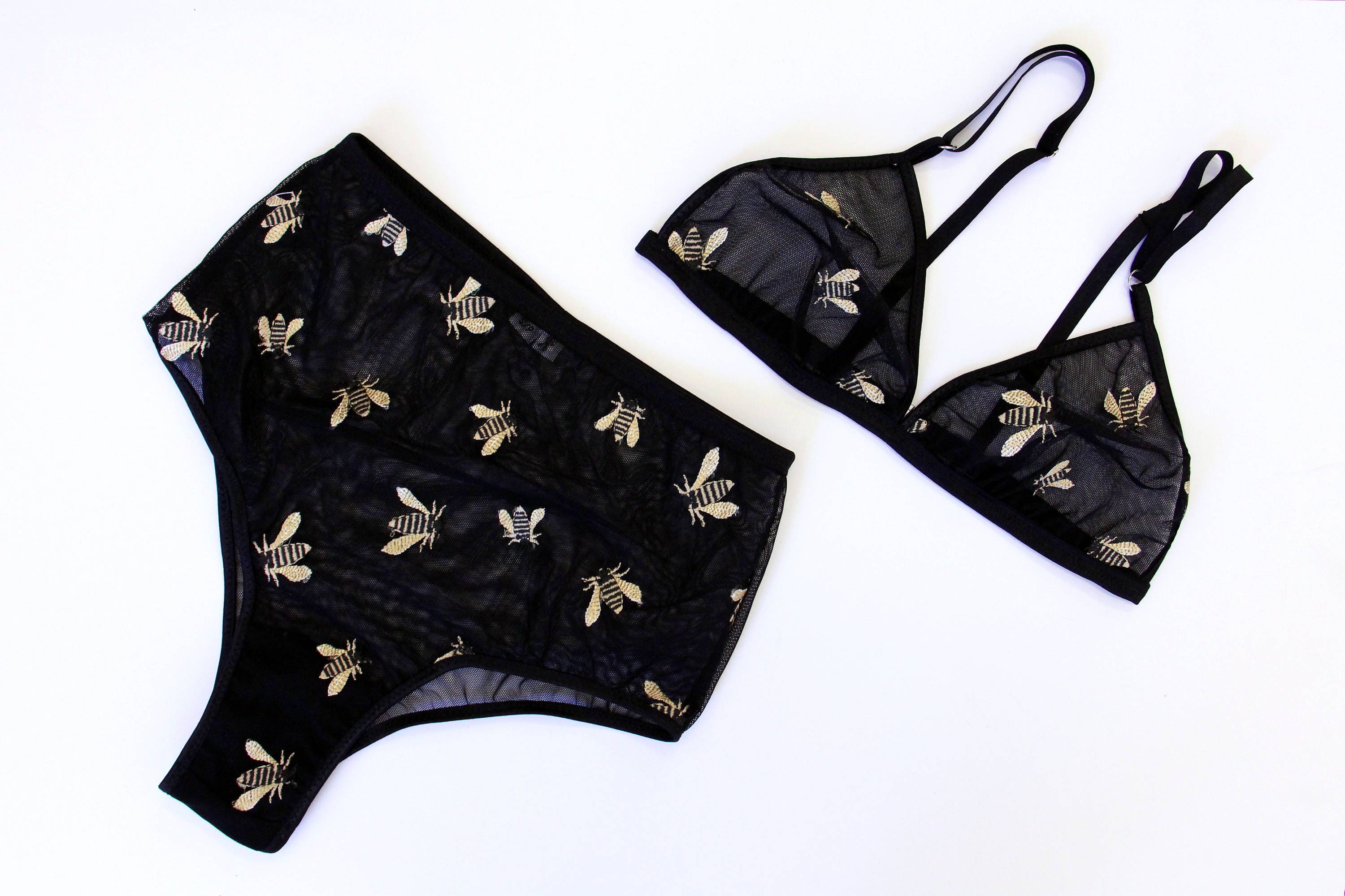 Embroidered Bee Lingerie Set, Triangle Bra, Bees, Black Bralette