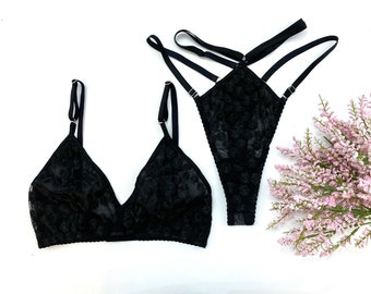 Besticktes schwarzes Blumen-Dessous-Set mit Riemchen-Tanga, Boudoir-Dessous