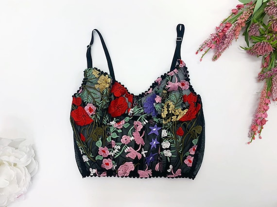 Black Floral Embroidered Bra, Boudoir Lingerie, Underwired Bra