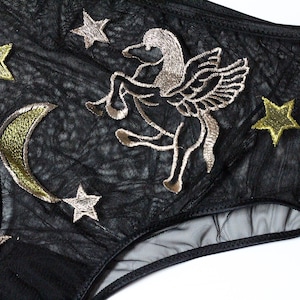 Black embroidered lingerie set, brazilian panty, celestial bralette, boudoir lingerie set image 4