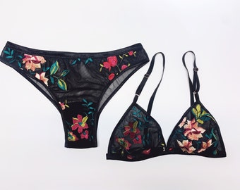 Ensemble lingerie brodée à fleurs noires, soutien-gorge triangle, bralette noire, culotte taille basse, broderie, culotte brésilienne, lingerie de mariée