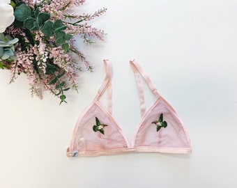 Embroidered hummingbird bra, pink bralette, triangle bra, mesh bralette, valentines day lingerie, bralette, boudoir lingerie, embroidery