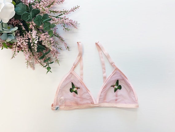 Embroidered Hummingbird Bra, Pink Bralette, Triangle Bra, Mesh