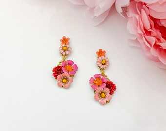 Hand painted floral earrings, statement earrings, bridal jewelry, floral jewelry, pink floral earrings