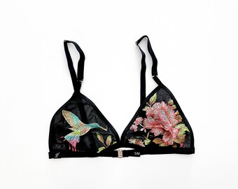 Embroidered hummingbird and floral black bralette