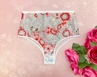 READY TO SHIP, Size medium, Sequin floral lingerie panty, high waist panties, floral print, brazilian panty, bridal lingerie