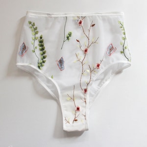 Embroidered floral high waist panty, valentines gift white lingerie, floral print, brazilian panty, bridal lingerie, flowers, embroidery