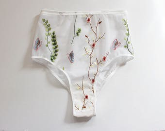 Embroidered floral high waist panty, valentines gift white lingerie, floral print, brazilian panty, bridal lingerie, flowers, embroidery
