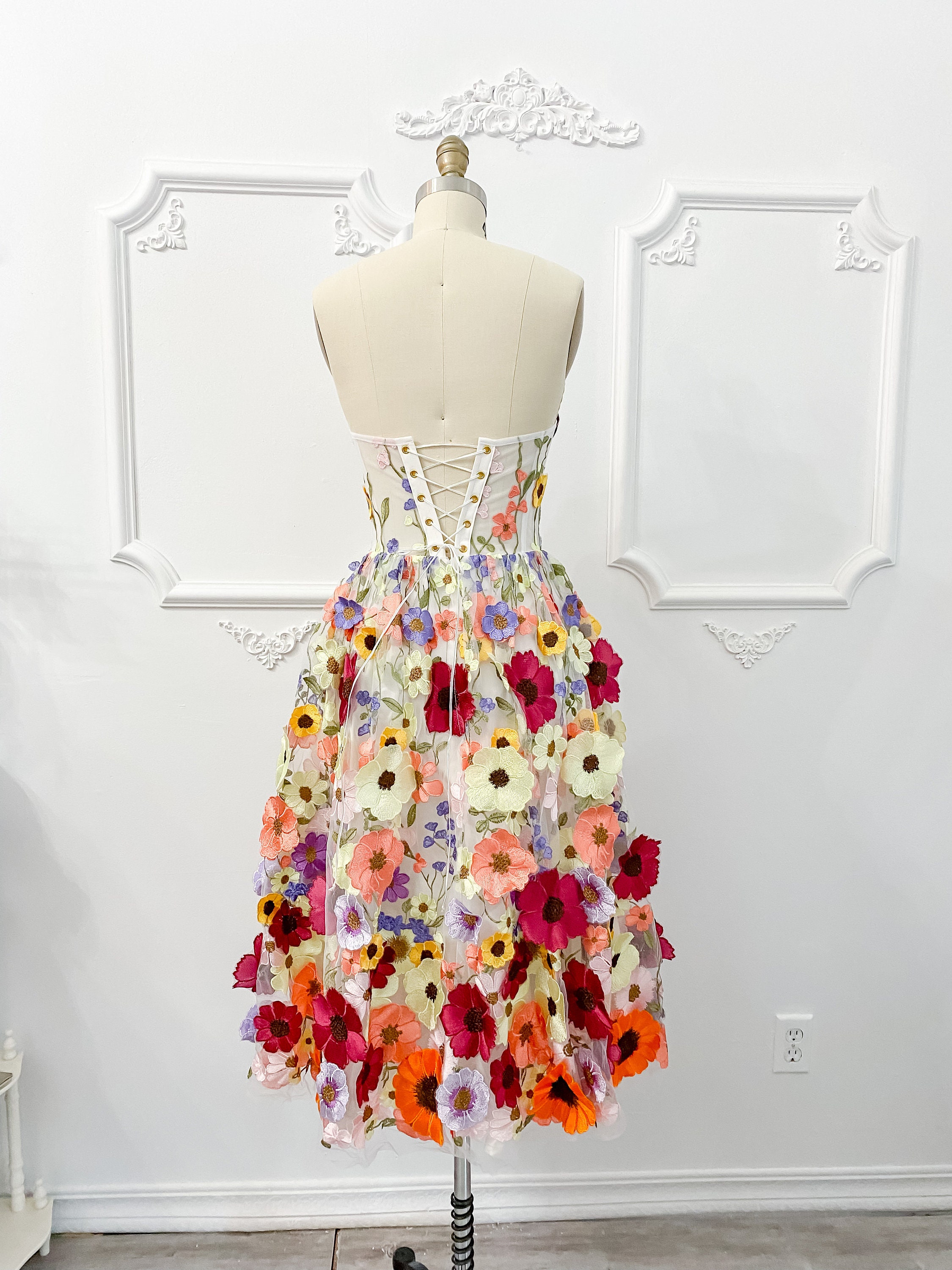 Tea Length Embroidered Floral Dress, 3D Floral Wedding Dress