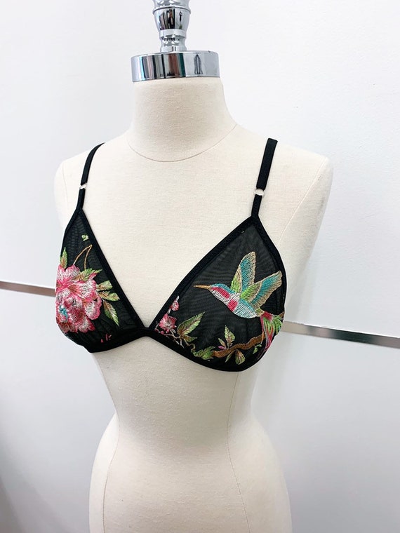 Embroidered Hummingbird and Floral Black Bralette 