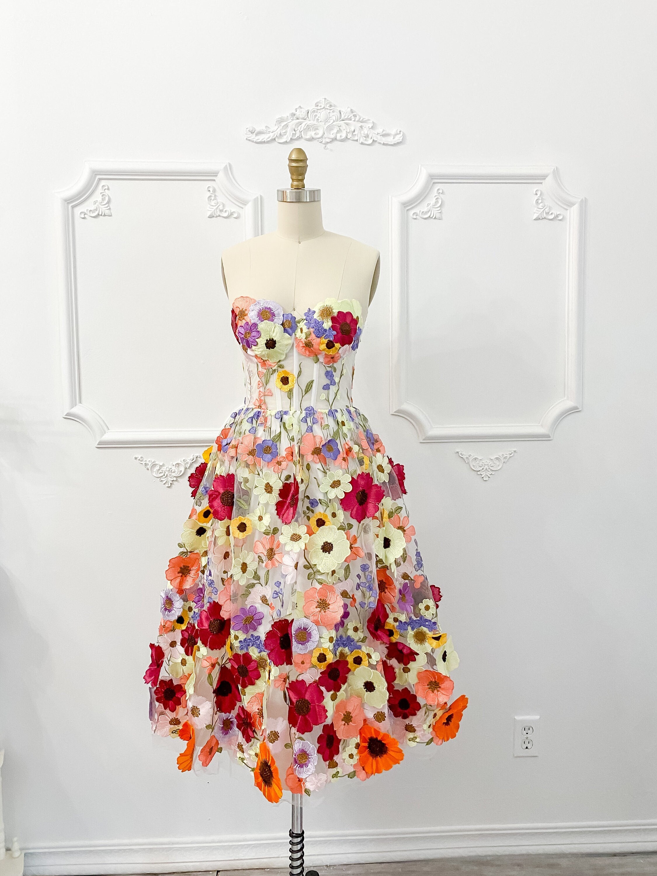 Tea Length Embroidered Floral Dress, 3D Floral Wedding Dress