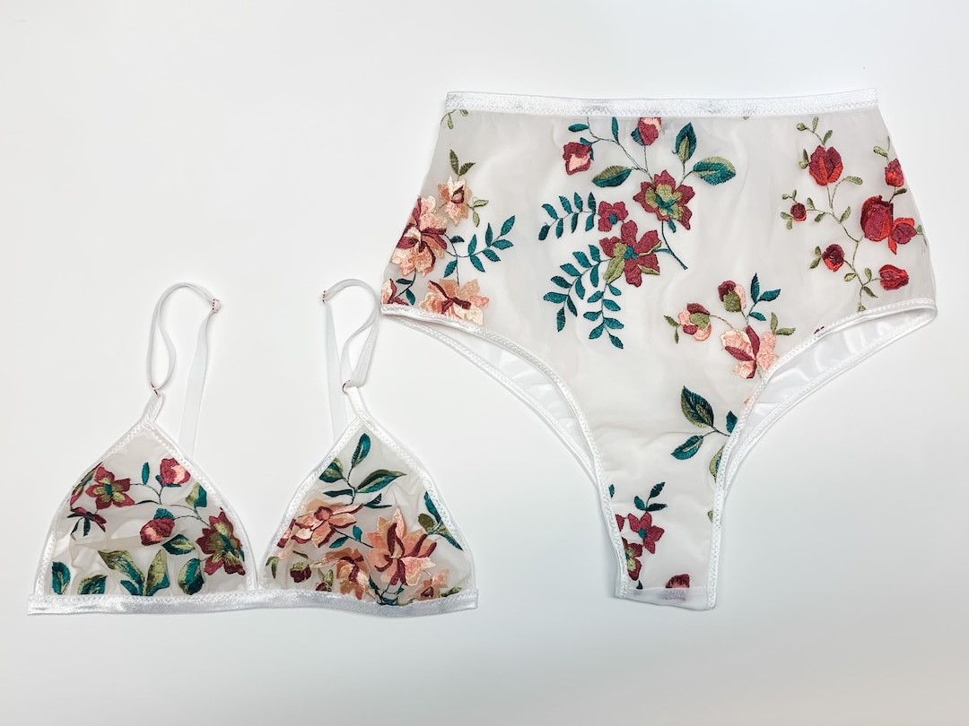 Embroidered Bohemian Floral Lingerie Set, Triangle Bra, White