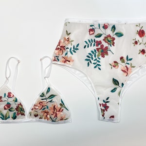 Embroidered bohemian floral lingerie set, triangle bra, white bralette, high waist panties, floral print, brazilian panty, bridal lingerie