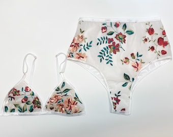 Embroidered bohemian floral lingerie set, triangle bra, white bralette, high waist panties, floral print, brazilian panty, bridal lingerie
