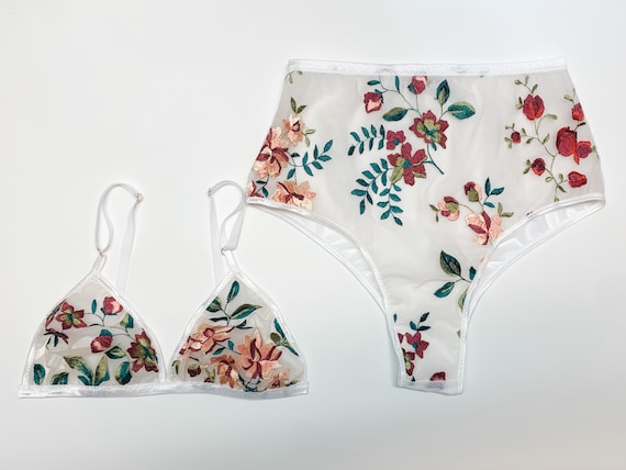 Embroidered Bohemian Floral Lingerie Set, Triangle Bra, White Bralette,  High Waist Panties, Floral Print, Brazilian Panty, Bridal Lingerie 