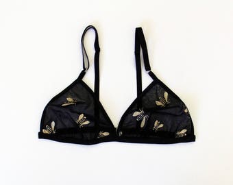 Embroidered bee bralette, triangle bra, bees, black bralette, bridal lingerie, entomology, mesh bralette