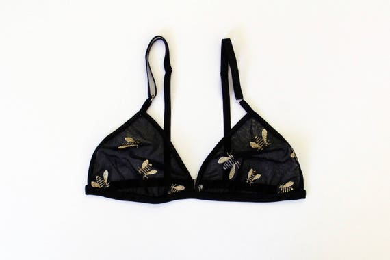 Black Embroidered Floral Lingerie Set, Triangle Bra, Bikini Cut