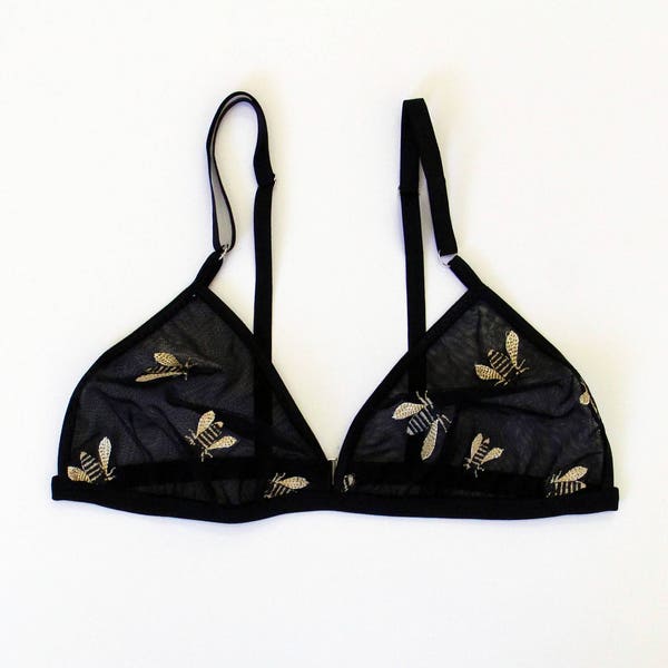 Brassière brodée abeille, soutien-gorge triangle, abeilles, brassière noire, lingerie de mariée, entomologie, brassière en résille