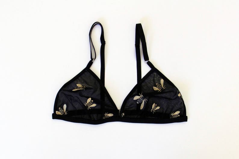 Brassière brodée abeille, soutien-gorge triangle, abeilles, brassière noire, lingerie de mariée, entomologie, brassière en résille image 1