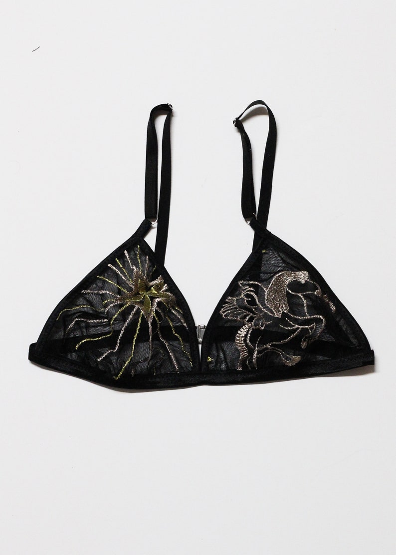 Embroidered bralette with celestial pattern, sheer mesh bralette image 2