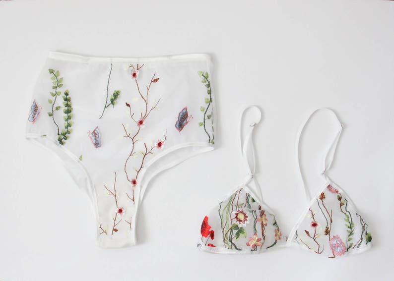 Embroidered floral lingerie set, triangle bra, white bralette, high waist panties, floral print, brazilian panty, bridal lingerie, flowers 