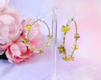 Large flower and crystal hoop earrings, beaded earrings, bridal earrings